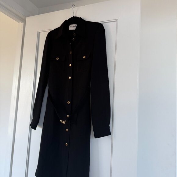 NWT Miu Miu Cady Shirt Dress Black Button Down Belted w/ Gold Tone Logo Buckle - Picture 6 of 10